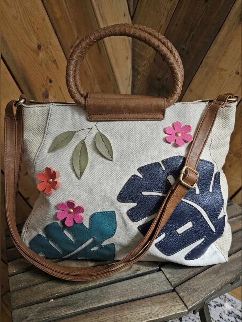 Relic Canvas Tote Bag With Gorgeous Floral Leaf Applique And Crossbody Strap